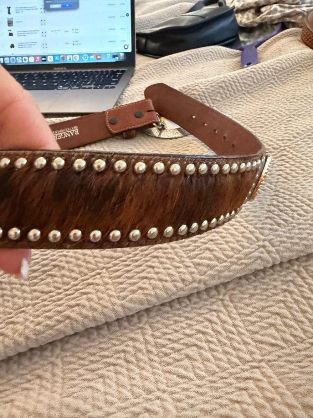 Harley Davidson Mens Calf Hair Tooled Studded Belt Buckle Ranger Size 36 Moto